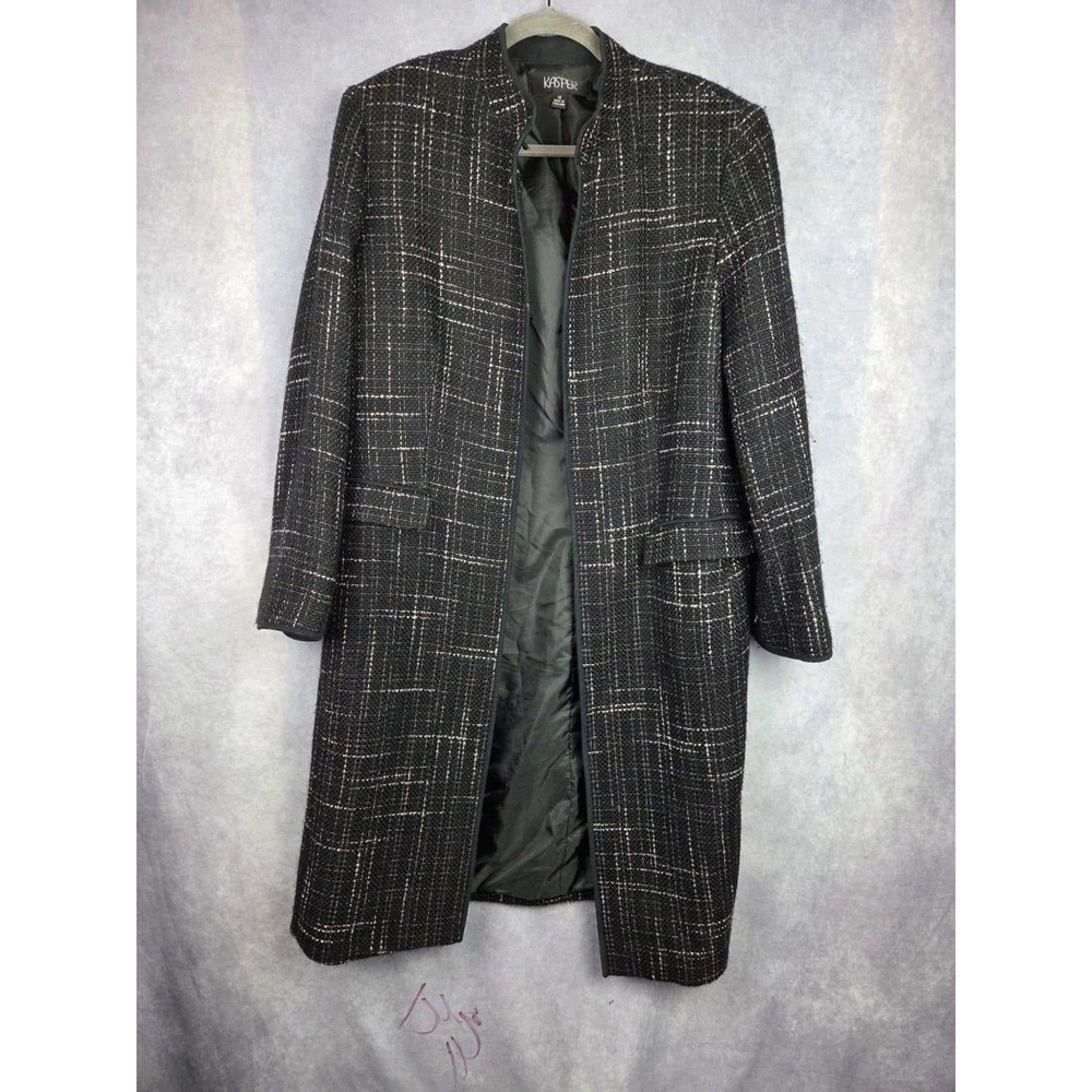 Kasper Womens Black Cream Grid Tweed Longline Topper Jacket Size 14 Mock Neck